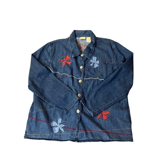 Vintage Early 2000s Bobbie Brooks Denim Blouse Womens L Floral Embroidered - Picture 3 of 16